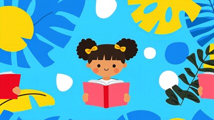 Cheerful child reading book in vibrant blue and yellow abstract background