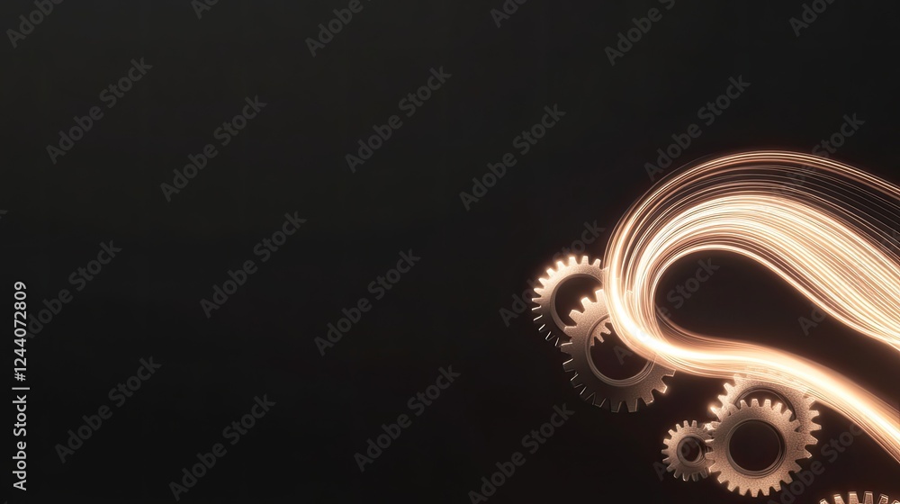 Poster conceptual image of glowing clock gears gradually blending into flowing ribbons of light in dark bac