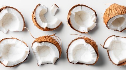 Half-shelled coconuts are arranged artistically on a white surface, showcasing their textured brown exterior and soft white flesh, Ideal for food blogs, health articles, or tropical-themed designs,