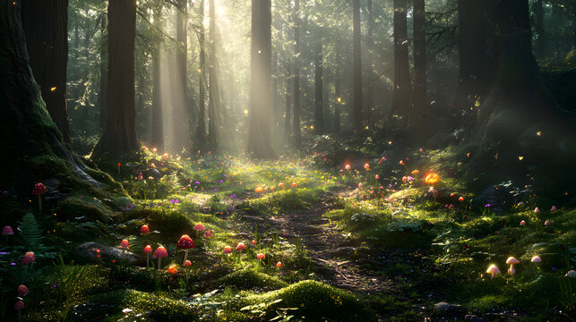 A magical clearing sun rays in the forest