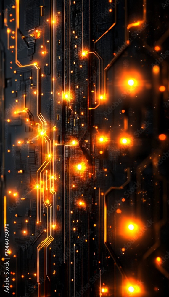 Poster glowing printed circuit board with technology, digital network lights, abstract background