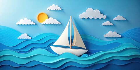 Naklejka premium Serene Paper Craft Sailboat on a Blue Ocean Under a Sunny Sky
