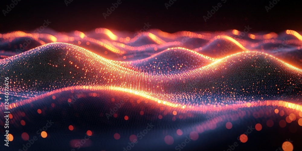 Poster colorful abstract waves illuminating the dark background with glowing particles creating a mesmerizi
