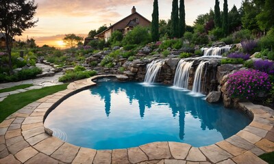 Tropical Garden with a Lagoon-Style Pool and Waterfall at Sunset – Exotic Landscape Design for a Paradise-Inspired Escape