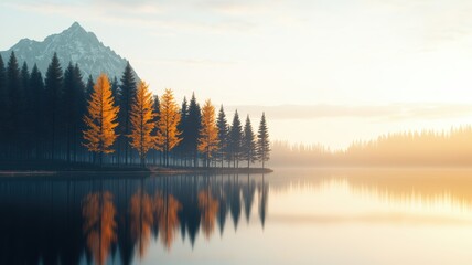 Fototapeta premium Serene Lake under Golden Trees Reflecting in Calm Water at Dawn