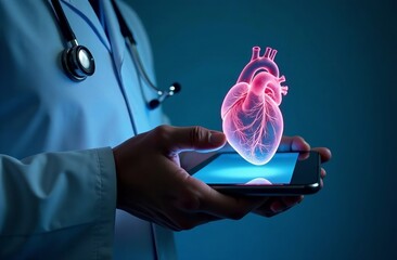 Cardiologist holding 3D transparent heart model over tablet screen to analyze patient's heart disease. Horizontal concept of doctor's care for health of country's population