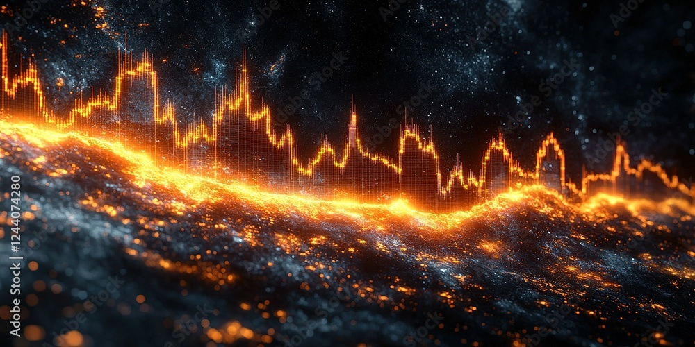 Poster vibrant data visualization with fiery patterns illustrating trends in financial markets and analysis