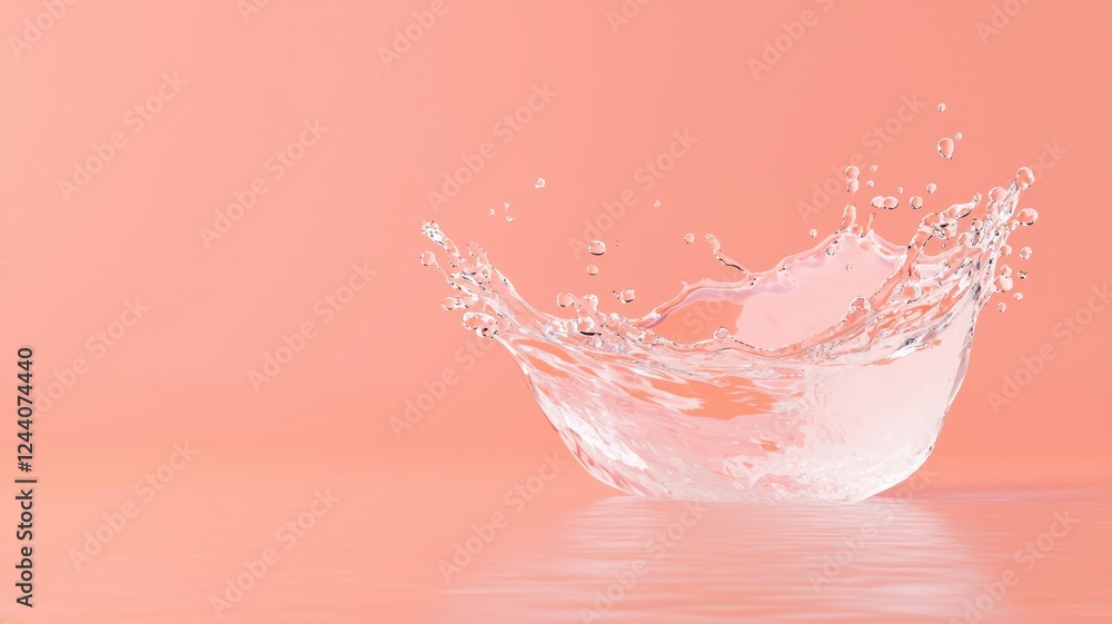 Poster 3d rendering of splashing water droplets in crystal clear liquid on peach background