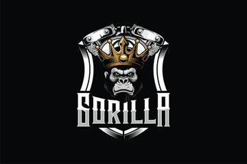 King Gorilla wearing Crown with v-twin engine cartoon character vector image template