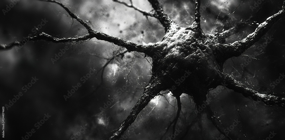 Poster microscopic view of a neuron depicting complex structure and connections in a dark environment