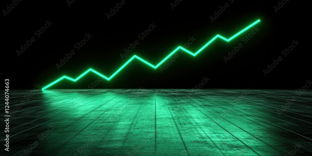 Poster graphical representation of increasing trends illuminated in green on a dark reflective surface