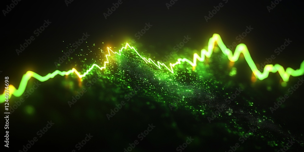 Poster visual representation of data trends with vibrant green lines against a dark background