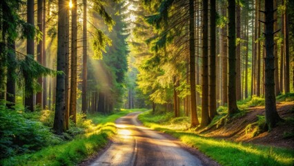 Fototapeta premium Sunlit Forest Path Winding Through Lush Green Woods