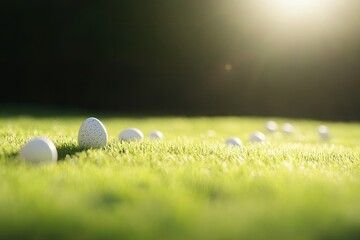 creative depiction of sunlit meadow with easter egg decorations scattered across grass single egg in focus to provide