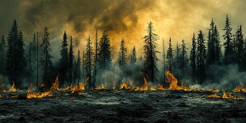 Forest fire engulfs landscape with flames and smoke towering against the darkened sky during late afternoon