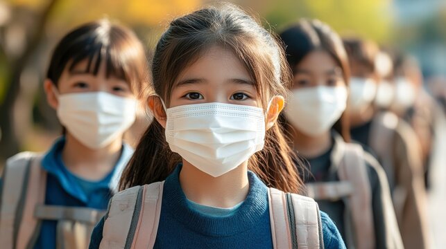 A group of schoolchildren wearing protective face masks, walking in a line, This image can be used for educational materials, health awareness campaigns, or articles about safety in schools,