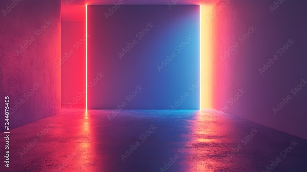Poster mesmerizing neon lit surreal architectural interior with glowing geometric shapes reflective surface