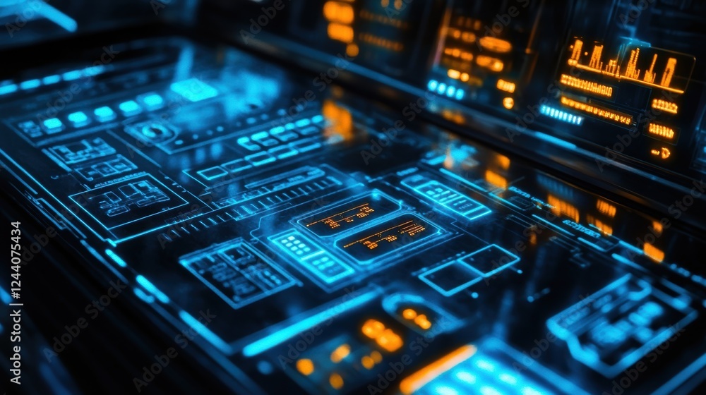 Poster futuristic control panel displaying complex engineering data and information, illuminated by vibrant