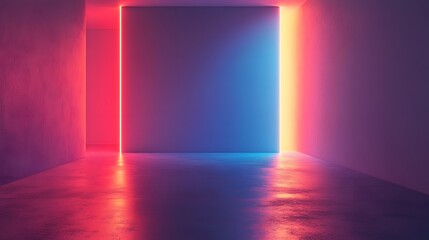 Mesmerizing neon lit surreal architectural interior with glowing geometric shapes reflective surfaces and a captivating blend of vibrant colors