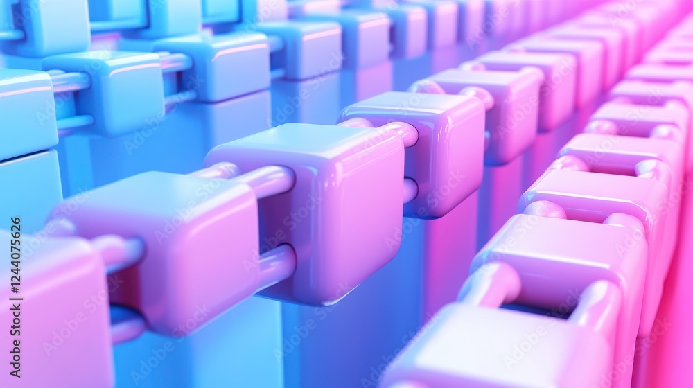 Poster a vibrant, abstract composition featuring interconnected blocks in blue and pink hues, creating a vi