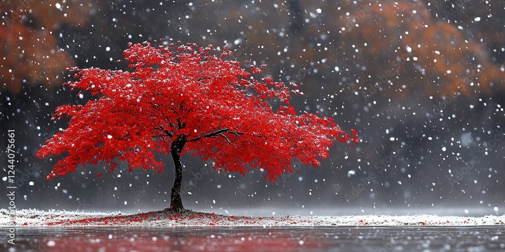 Aufkleber red maple tree stands alone in a snowy landscape during a winter evening with soft falling snowflake
