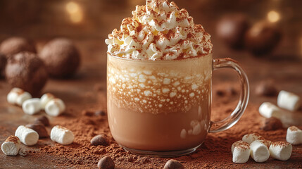 Fototapeta premium Delicious hot chocolate topped with whipped cream and chocolate shavings at a cozy cafe