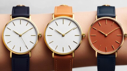 Three stylish watches displayed on a womans wrist showcasing different designs and colors