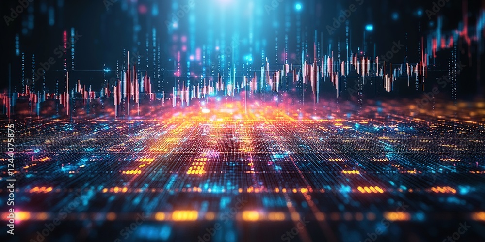 Poster visualization of digital sound waves with vibrant colors in a futuristic setting