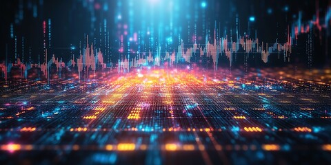 Visualization of digital sound waves with vibrant colors in a futuristic setting