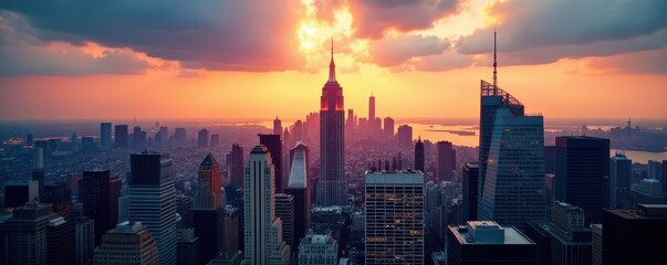 Fototapeta premium Manhattan cityscape, towering skyscrapers, dramatic light, illustration, highrise, sunset