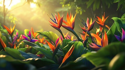 A stunning display of vivid bird-of-paradise flowers entwined with lush green foliage