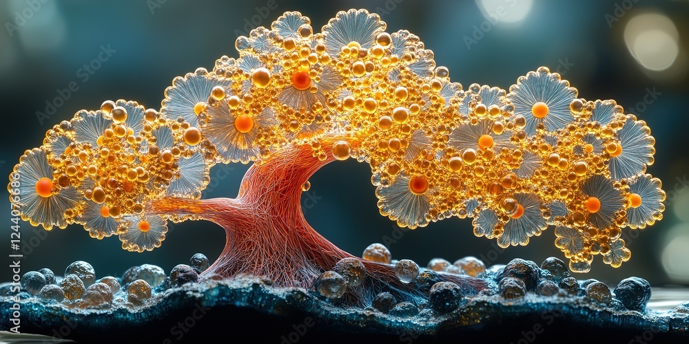 Poster intricate translucent tree sculpture with colorful details on a textured surface
