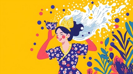 Obraz premium Cheerful Woman in Traditional Attire with Water and Flowers Background