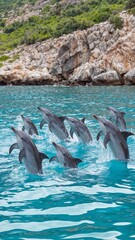 Image of Playful dolphins jumping in clear blue water against a rocky coastline printed on Printed Glass Basin Splashbacks