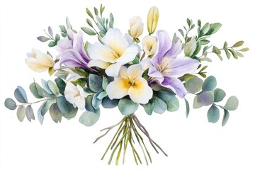 Fototapeta premium A beautiful bouquet of purple and white flowers on a white background, suitable for various occasions such as weddings, birthdays, or holidays