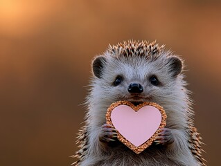 A charming hedgehog holding a pink heart shape, capturing the essence of love and cuteness in nature.