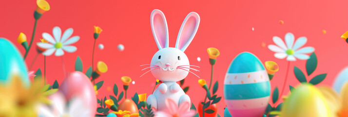 Obraz premium Playful red background with bunnies and colorful flowers creating a lively spring mood