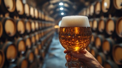 A hand holding a frothy beer glass in a rustic brewery with wooden barrels in the background