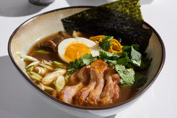 Vibrant Chicken Ramen Bowl with Rich Textures and Dynamic Lighting