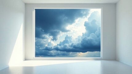 Vast Window View Serene Cloudscape in a Minimalist Interior Room