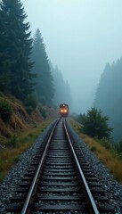 Fototapeta premium Narrow gauge railway disappears into swirling fog, enigmatic, train line