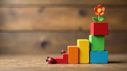 Obraz premium Colorful Wooden Blocks Staircase with Ladybugs Climbing Towards a Happy Flower