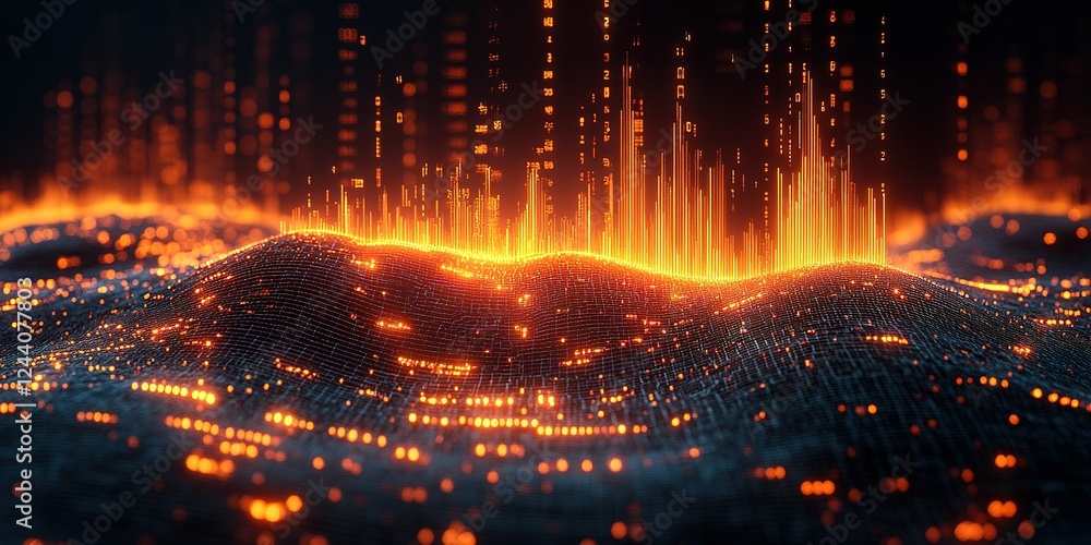 Poster vibrant digital landscape with glowing patterns illustrating data visualization in a futuristic sett