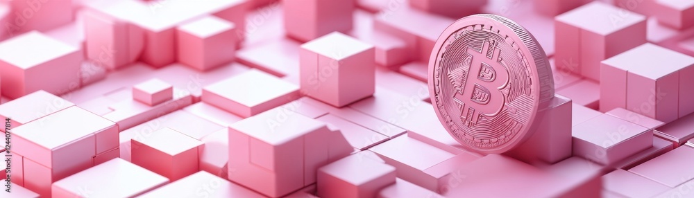Poster a pink-themed abstract composition featuring blocks and a prominent coin, creating a modern and arti