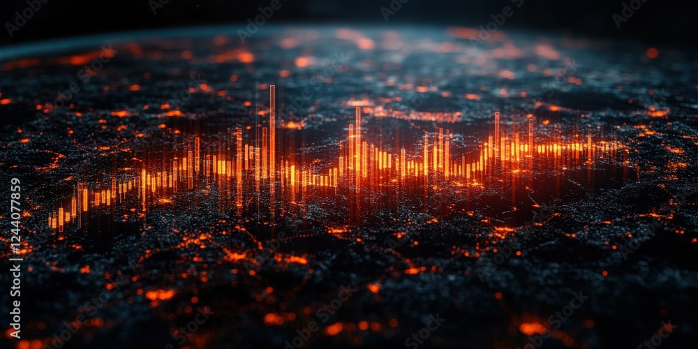 Poster abstract visualization of sound waves and heat patterns emanating from a dark, textured surface at n