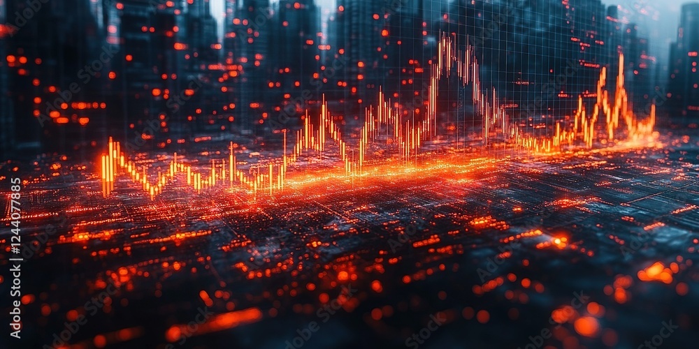 Poster visual representation of data trends in a vibrant, futuristic digital landscape with glowing element