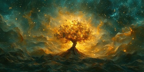 Obraz premium Majestic glowing tree stands atop a rocky terrain under a starry night sky, radiating light and warmth during the cosmic dawn