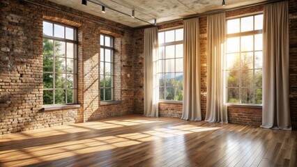 Fototapeta premium Sunlit Empty Room with Exposed Brick Walls and Hardwood Floors