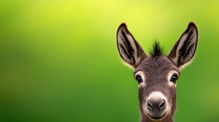 A close-up of a cute donkey with big ears, showcasing its curious expression against a soft green background.