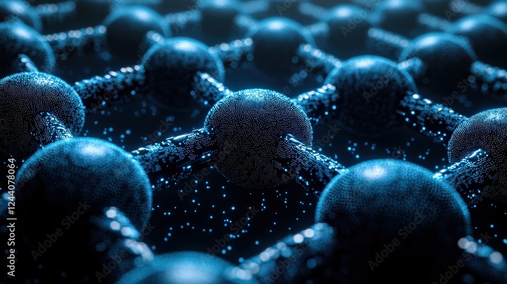 Aufkleber close-up view of a molecular structure with interconnected spheres and glowing particles, showcasing